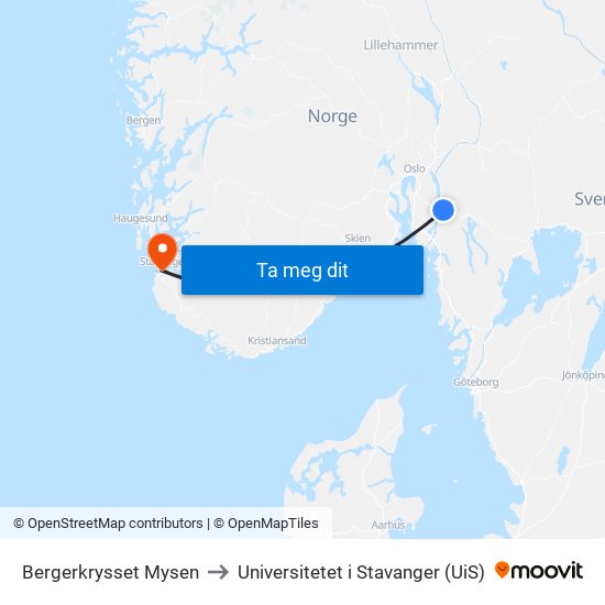 Bergerkrysset Mysen to Universitetet i Stavanger (UiS) map