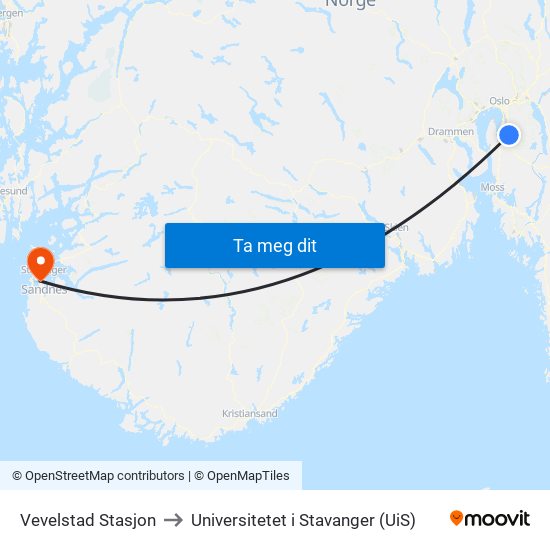 Vevelstad Stasjon to Universitetet i Stavanger (UiS) map