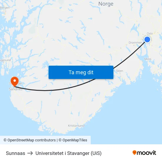 Sunnaas to Universitetet i Stavanger (UiS) map