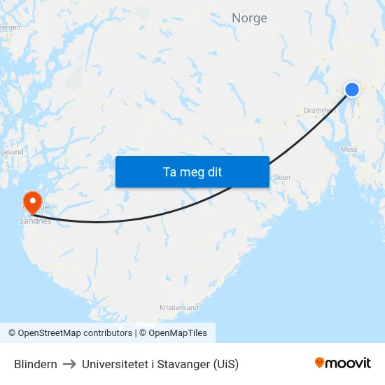 Blindern to Universitetet i Stavanger (UiS) map