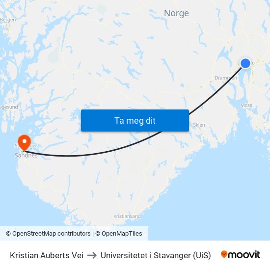 Kristian Auberts Vei to Universitetet i Stavanger (UiS) map