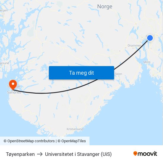 Tøyenparken to Universitetet i Stavanger (UiS) map