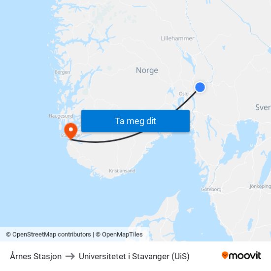 Årnes Stasjon to Universitetet i Stavanger (UiS) map