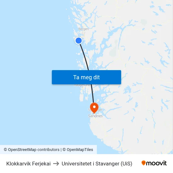 Klokkarvik Ferjekai to Universitetet i Stavanger (UiS) map