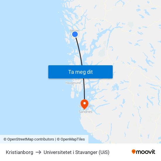 Kristianborg to Universitetet i Stavanger (UiS) map