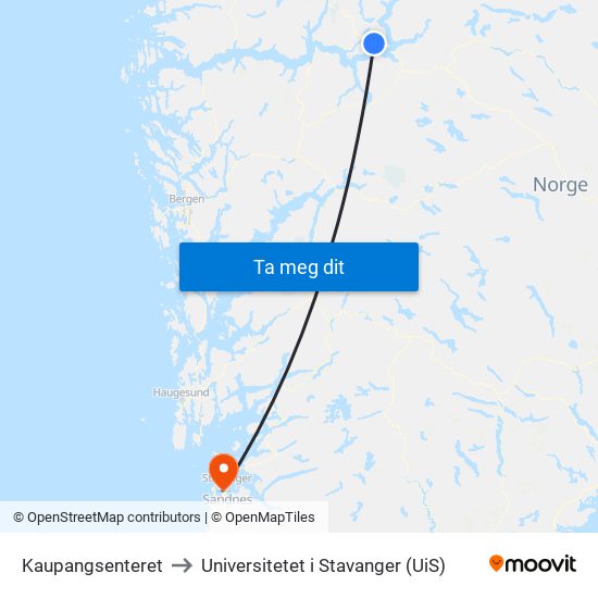 Kaupangsenteret to Universitetet i Stavanger (UiS) map