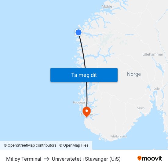 Måløy Terminal to Universitetet i Stavanger (UiS) map