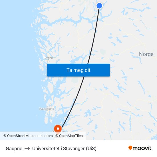 Gaupne to Universitetet i Stavanger (UiS) map