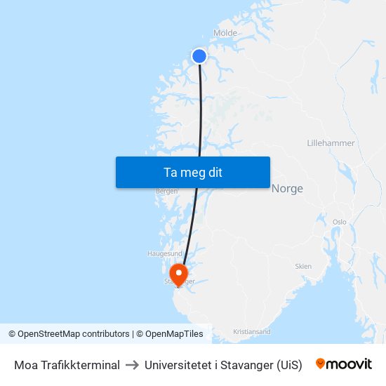 Moa Trafikkterminal to Universitetet i Stavanger (UiS) map