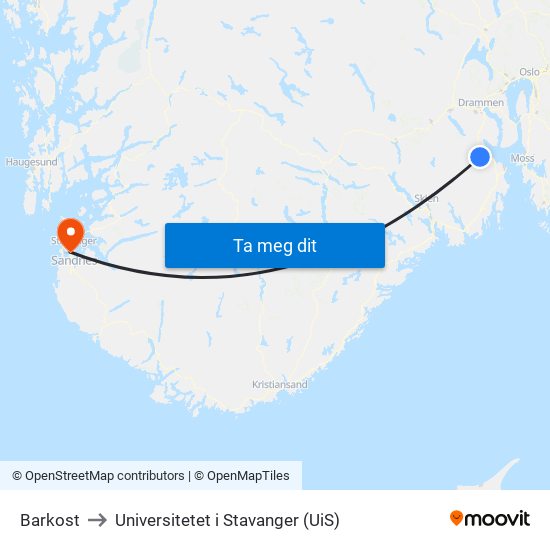 Barkost to Universitetet i Stavanger (UiS) map