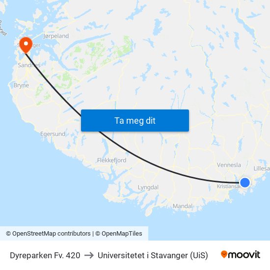 Dyreparken Fv. 420 to Universitetet i Stavanger (UiS) map