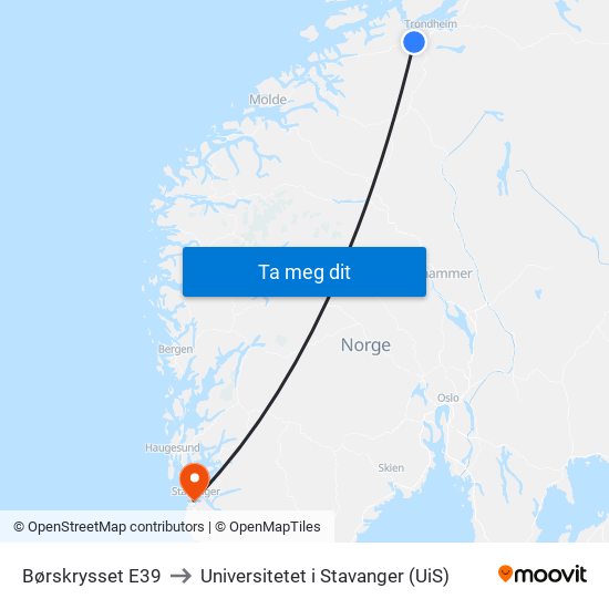 Børskrysset E39 to Universitetet i Stavanger (UiS) map