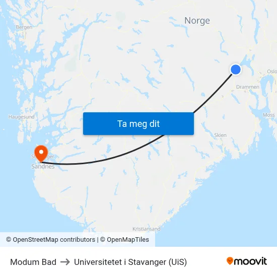 Modum Bad to Universitetet i Stavanger (UiS) map