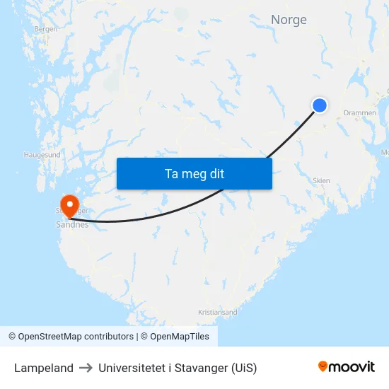 Lampeland to Universitetet i Stavanger (UiS) map