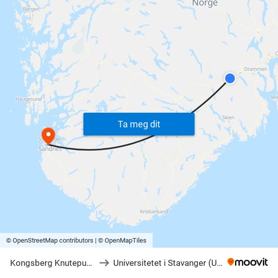 Kongsberg Knutepunkt to Universitetet i Stavanger (UiS) map