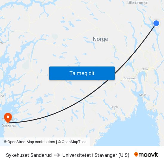 Sykehuset Sanderud to Universitetet i Stavanger (UiS) map