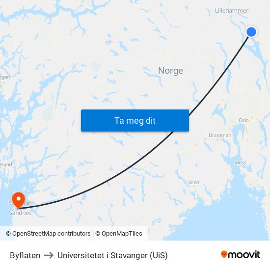 Byflaten to Universitetet i Stavanger (UiS) map