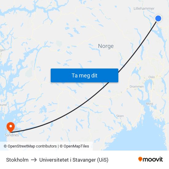 Stokholm to Universitetet i Stavanger (UiS) map