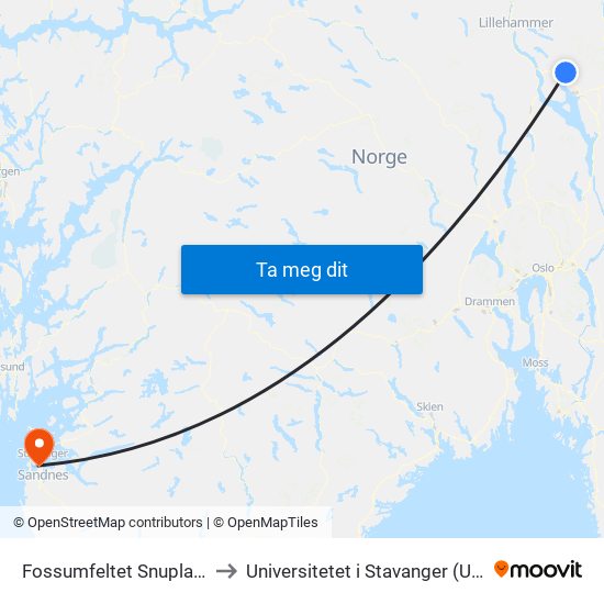 Fossumfeltet Snuplass to Universitetet i Stavanger (UiS) map