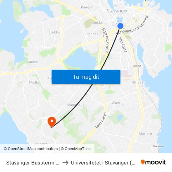 Stavanger Bussterminal to Universitetet i Stavanger (UiS) map