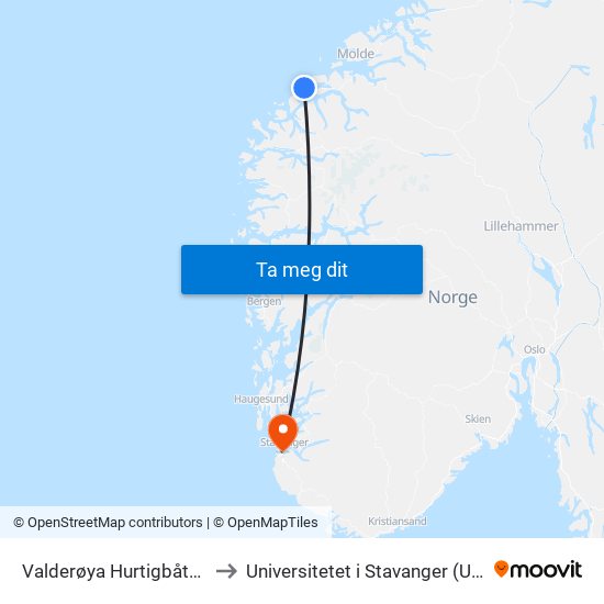 Valderøya Hurtigbåtkai to Universitetet i Stavanger (UiS) map