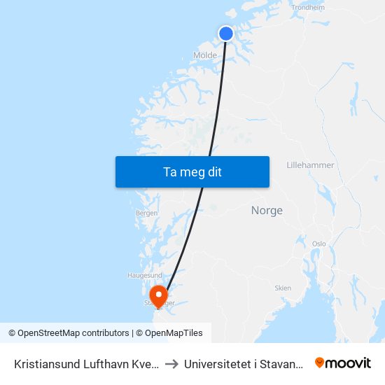 Kristiansund Lufthavn Kvernberget to Universitetet i Stavanger (UiS) map