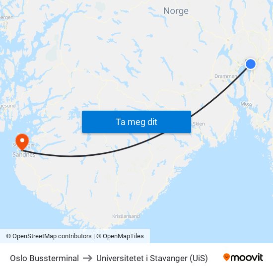 Oslo Bussterminal to Universitetet i Stavanger (UiS) map