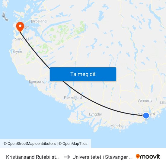 Kristiansand Rutebilstasjon to Universitetet i Stavanger (UiS) map
