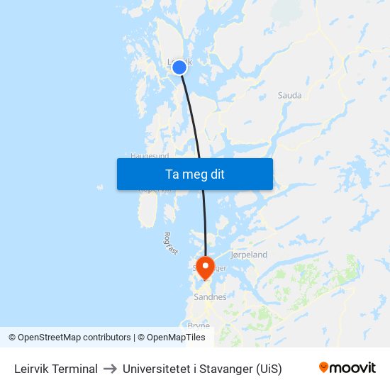 Leirvik Terminal to Universitetet i Stavanger (UiS) map