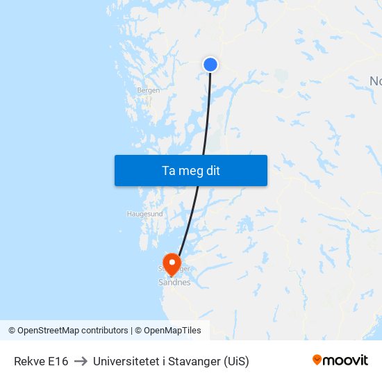Rekve E16 to Universitetet i Stavanger (UiS) map