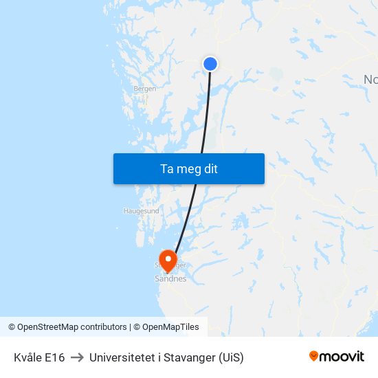 Kvåle E16 to Universitetet i Stavanger (UiS) map