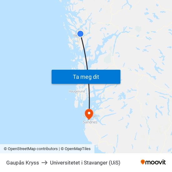 Gaupås Kryss to Universitetet i Stavanger (UiS) map