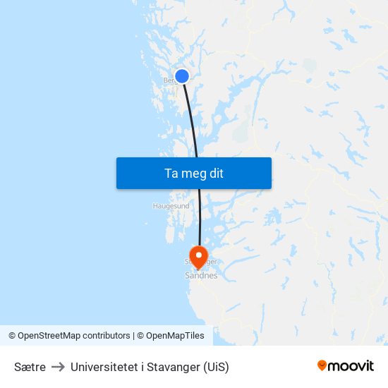 Sætre to Universitetet i Stavanger (UiS) map