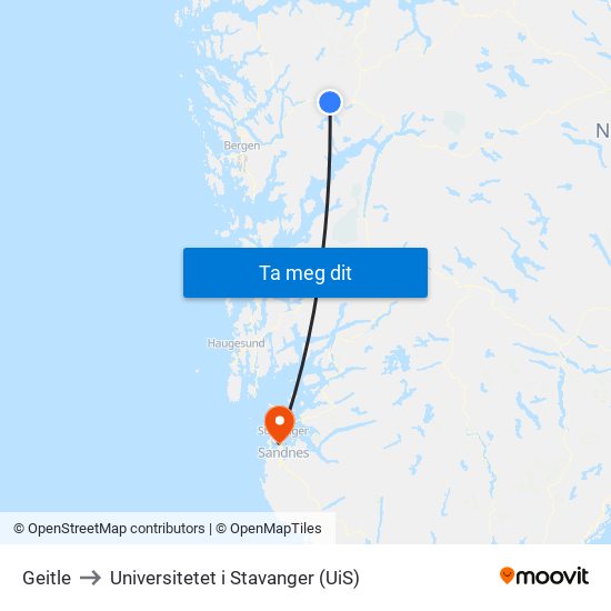 Geitle to Universitetet i Stavanger (UiS) map