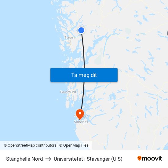 Stanghelle Nord to Universitetet i Stavanger (UiS) map