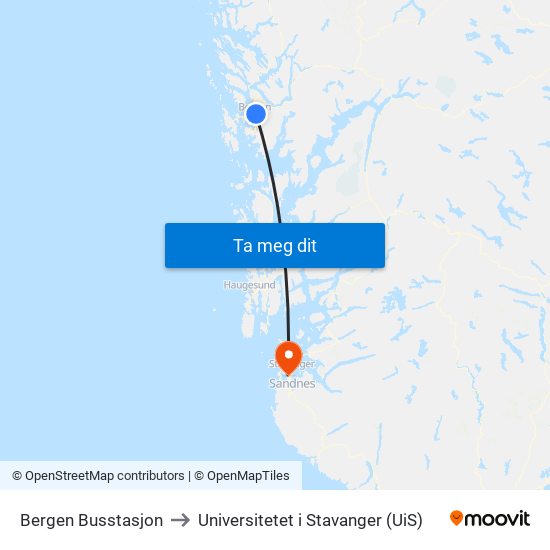 Bergen Busstasjon to Universitetet i Stavanger (UiS) map