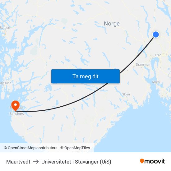 Maurtvedt to Universitetet i Stavanger (UiS) map