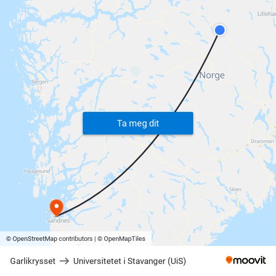 Garlikrysset to Universitetet i Stavanger (UiS) map