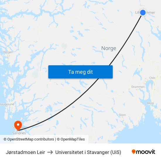 Jørstadmoen Leir to Universitetet i Stavanger (UiS) map