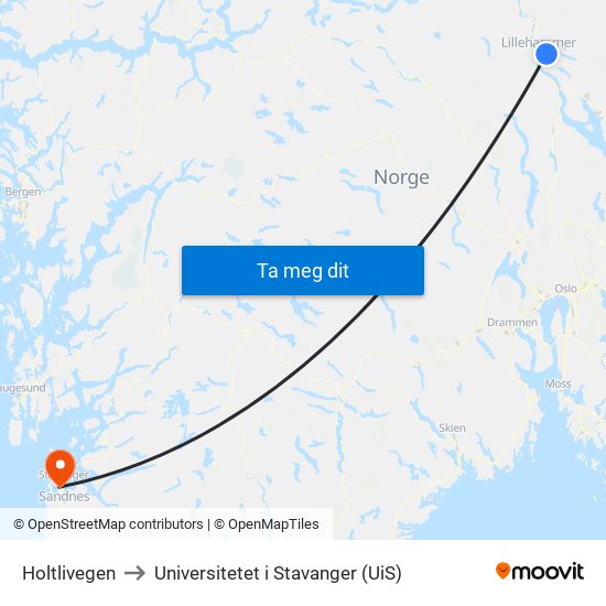 Holtlivegen to Universitetet i Stavanger (UiS) map