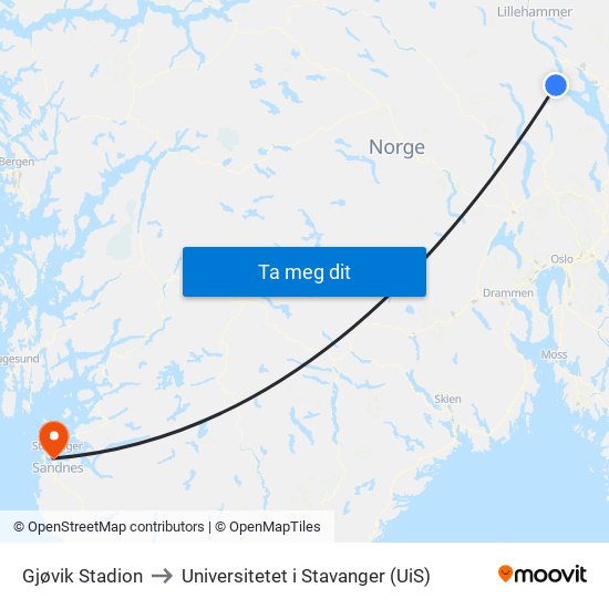 Gjøvik Stadion to Universitetet i Stavanger (UiS) map