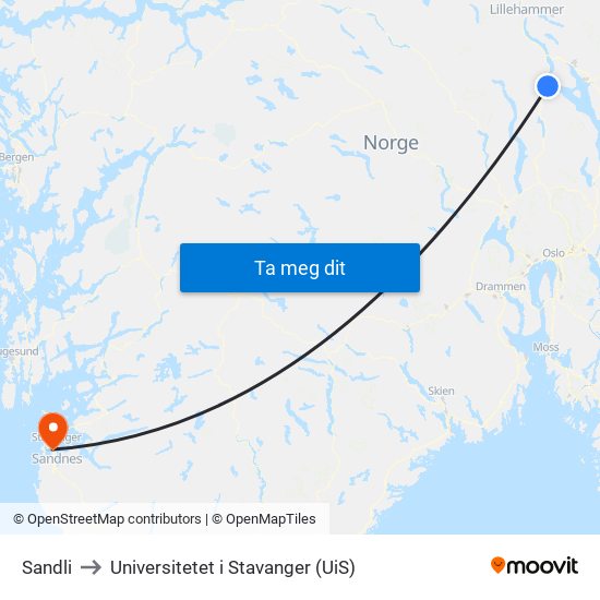 Sandli to Universitetet i Stavanger (UiS) map
