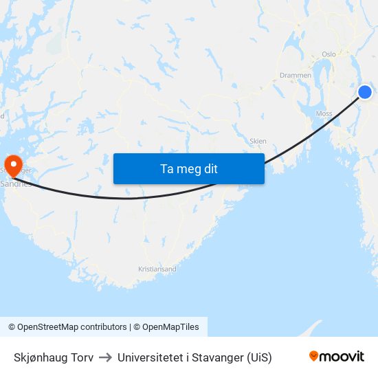 Skjønhaug Torv to Universitetet i Stavanger (UiS) map