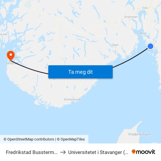 Fredrikstad Bussterminal to Universitetet i Stavanger (UiS) map