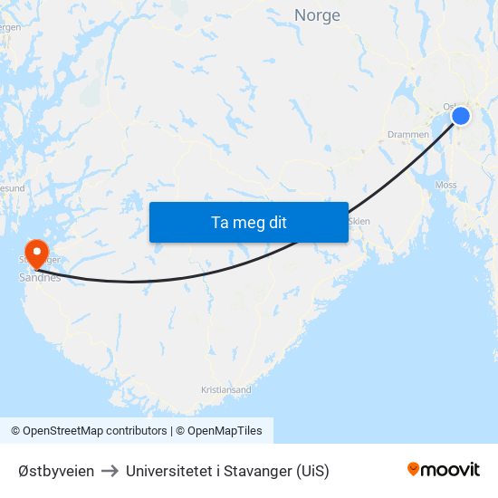 Østbyveien to Universitetet i Stavanger (UiS) map