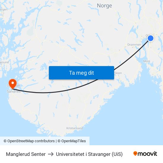 Manglerud Senter to Universitetet i Stavanger (UiS) map