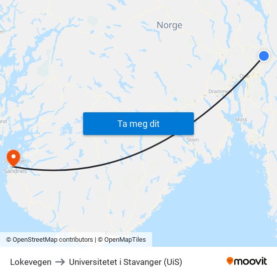 Lokevegen to Universitetet i Stavanger (UiS) map