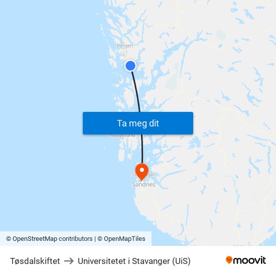 Tøsdalskiftet to Universitetet i Stavanger (UiS) map