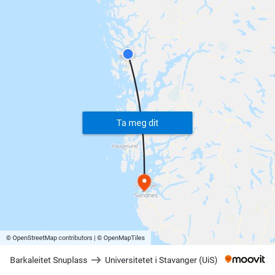 Barkaleitet Snuplass to Universitetet i Stavanger (UiS) map