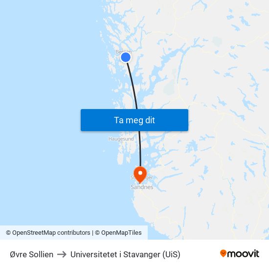 Øvre Sollien to Universitetet i Stavanger (UiS) map